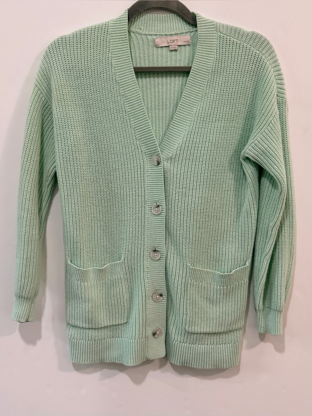 LOFT Chunky Ribbed Shaker Knit Button Front Pocket Cardigan Mint Green XSP